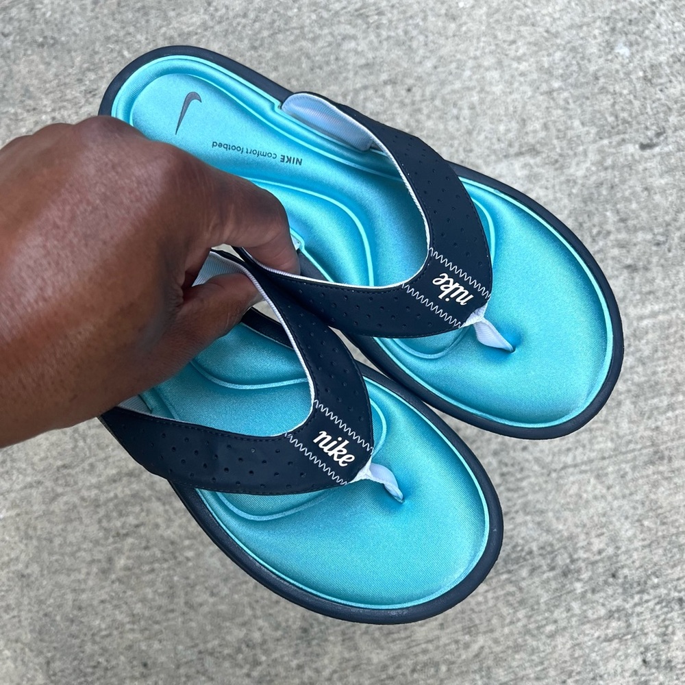 WMNS NIKE COMFORT THONG NAVY WHITE TEAL FOOTBEDS FOOT BED FOOTBED COMFY CUSHION